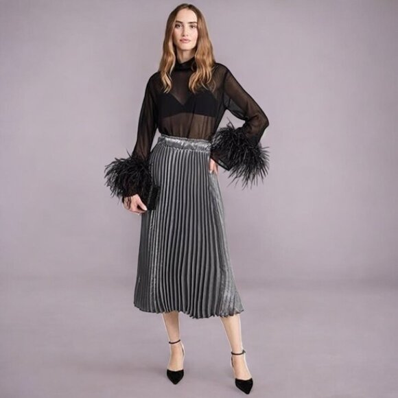 NWT En Saison Mona Pleated Midi Skirt in Metallic Grey - Picture 1 of 6